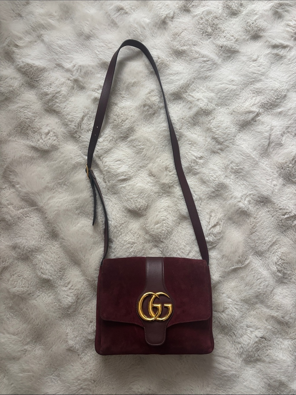 Gucci Burgundy Suede Crossbody with Gold Double G Accent